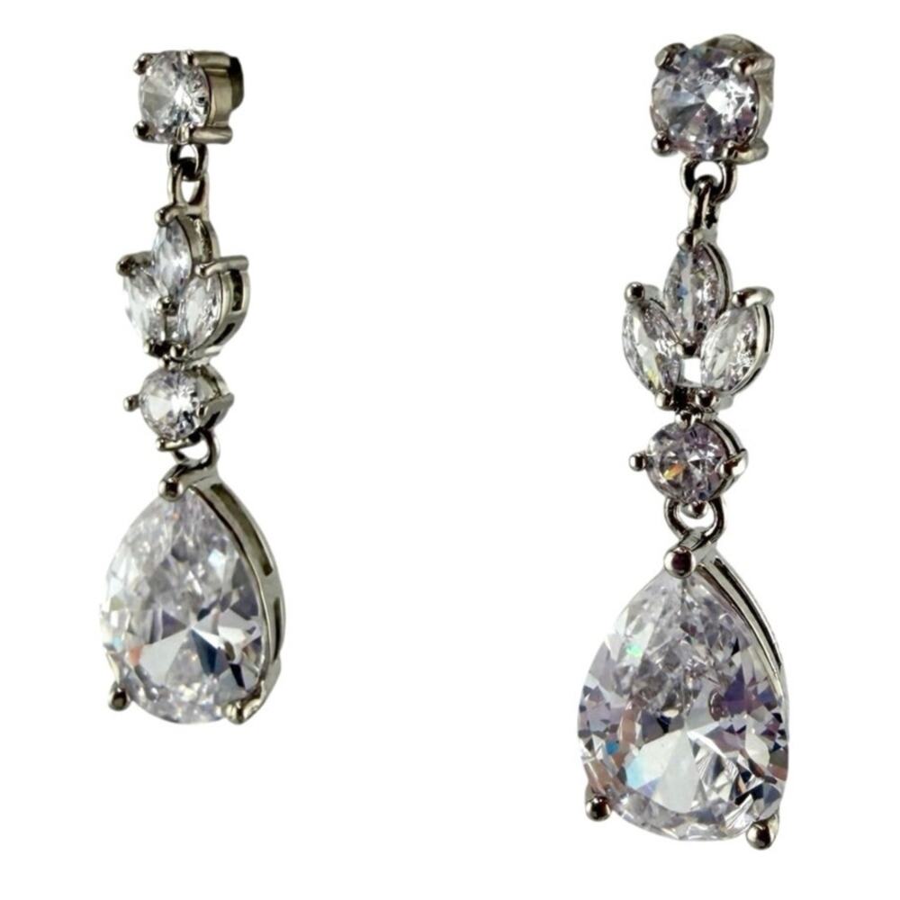 Glass Teardrop Rhinestone Bridal Style Chrome Finish Silver Tone 1.5" Earrings
